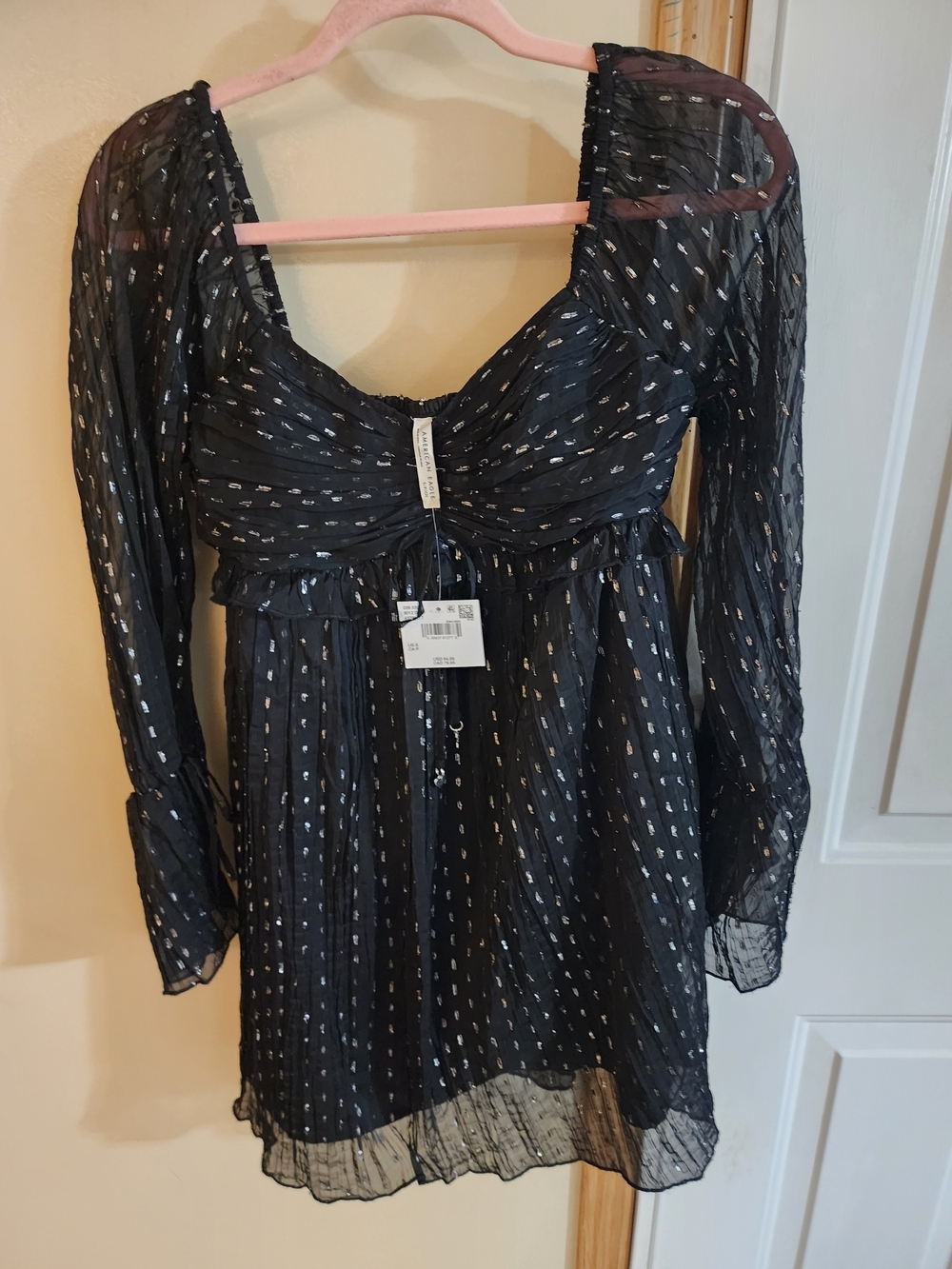 American Eagle Outfitters Black Sheer Metallic Dot Long-Sleeve Babydoll Top Sz S